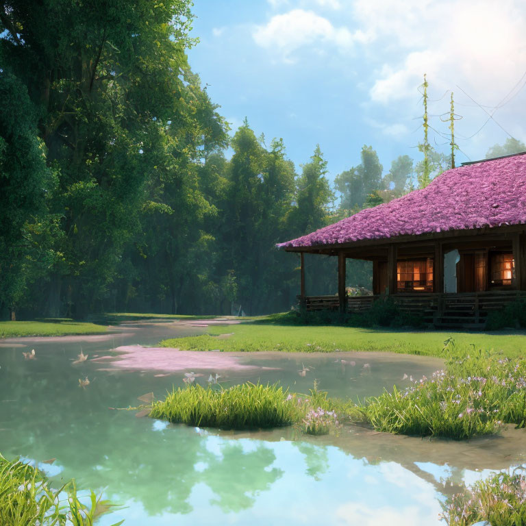 Tranquil landscape: traditional cottage, pink roof, pond, lush greenery
