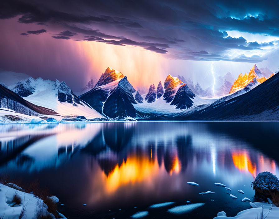 Majestic Mountain Landscape at Sunset with Lightning and Ice Reflection
