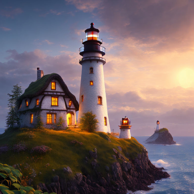 Tranquil coastal lighthouse and cottage at sunset