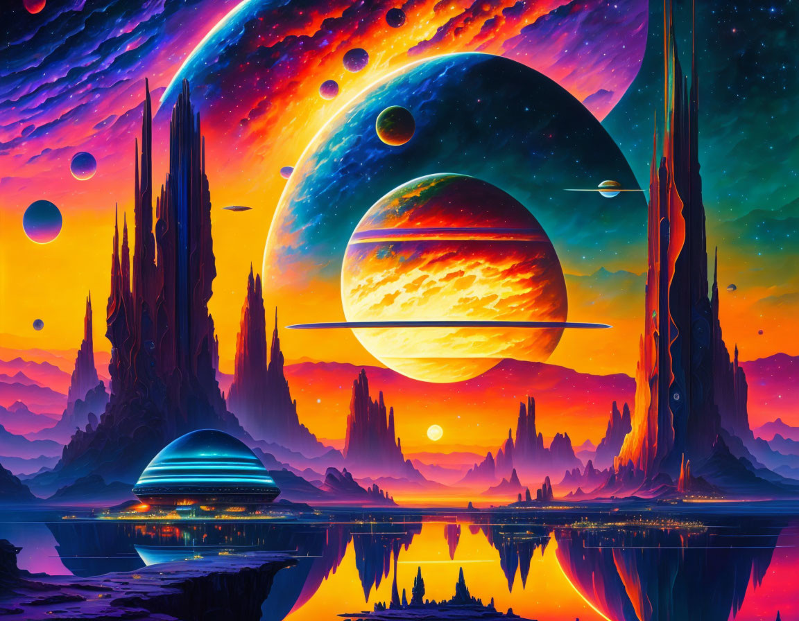 Colorful sci-fi landscape with spires, lakes, moons, planets, and nebula