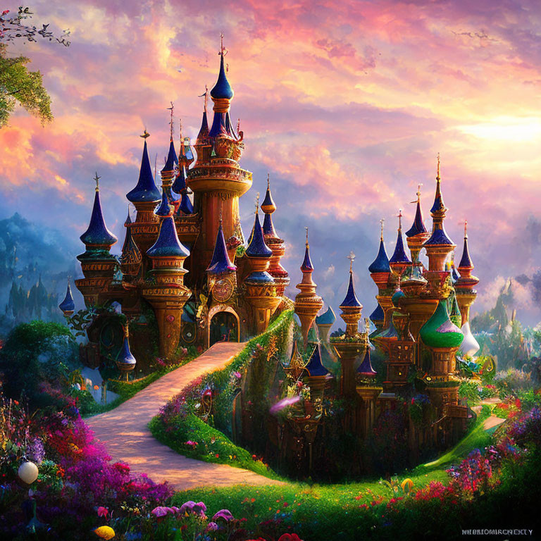 Colorful fairytale castle with multiple spires in lush garden at sunset