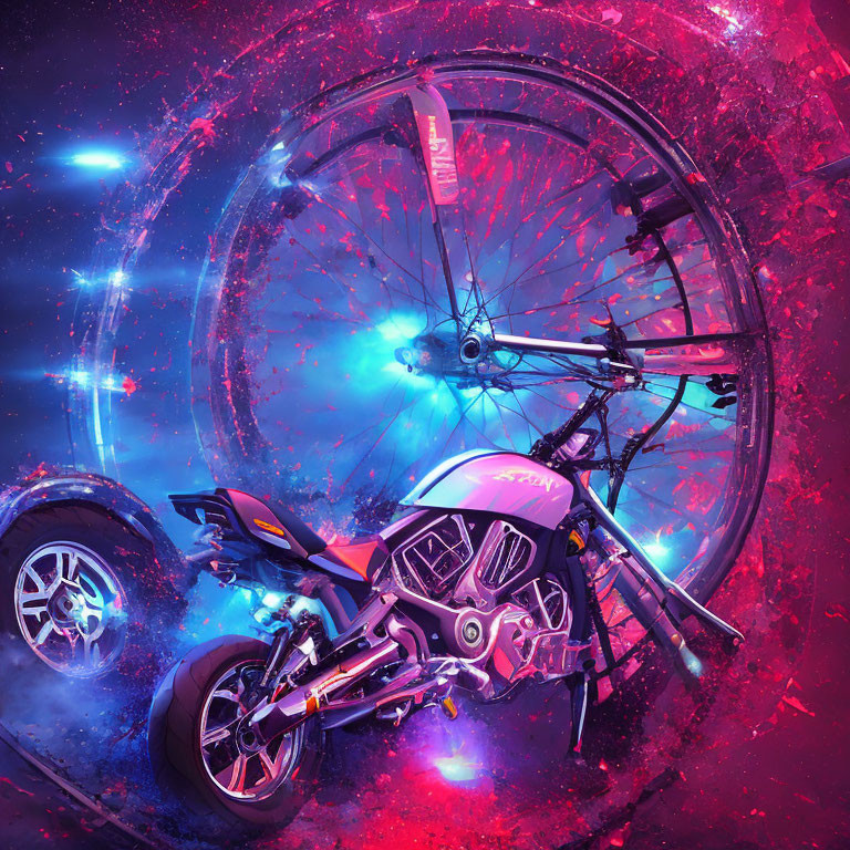 Futuristic motorcycle digital artwork with neon lights in pink and blue