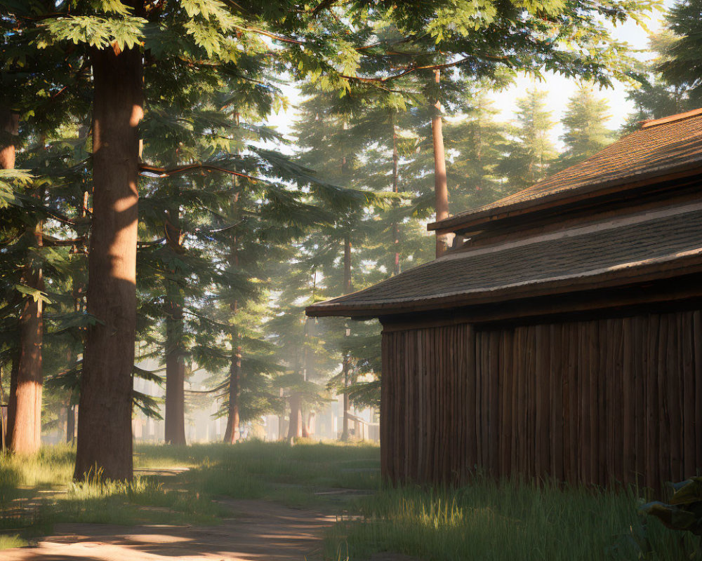 Forest cabin surrounded by sunlight and misty trees