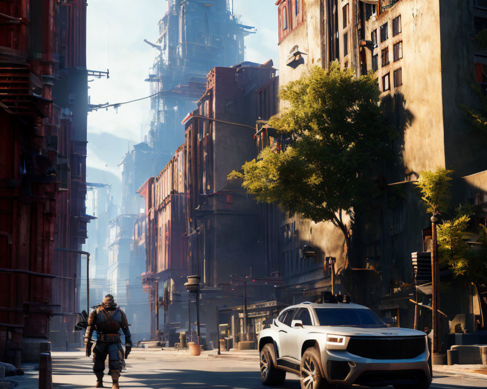 Dystopian cityscape with armored figure and futuristic car