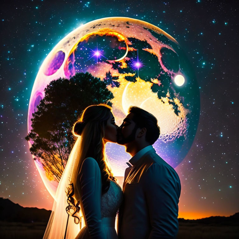 Romantic couple kissing under surreal moon in scenic night landscape