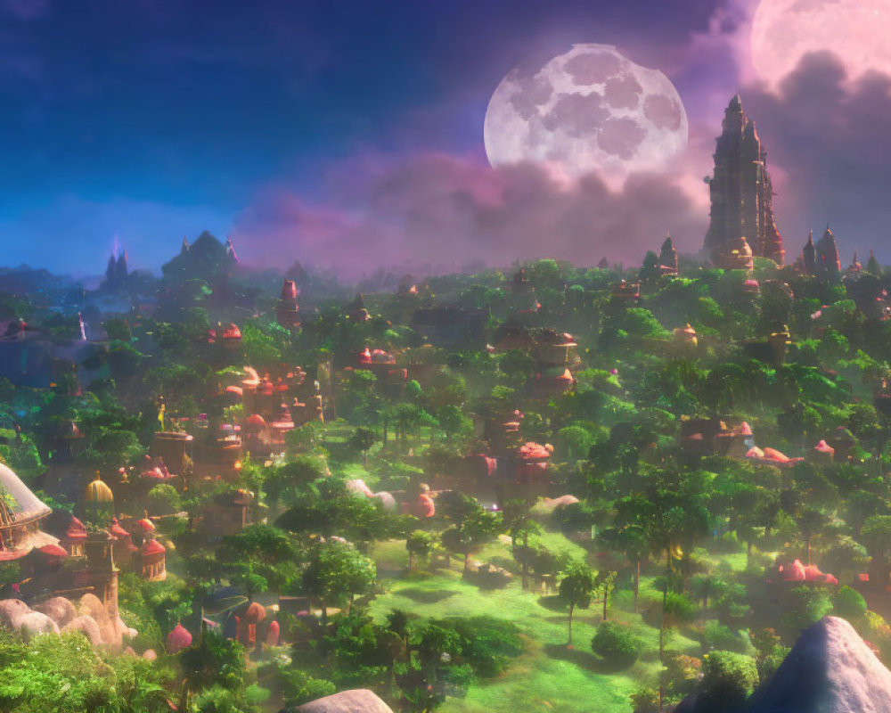 Fantasy landscape with lush greenery, exotic buildings, and twin moons.