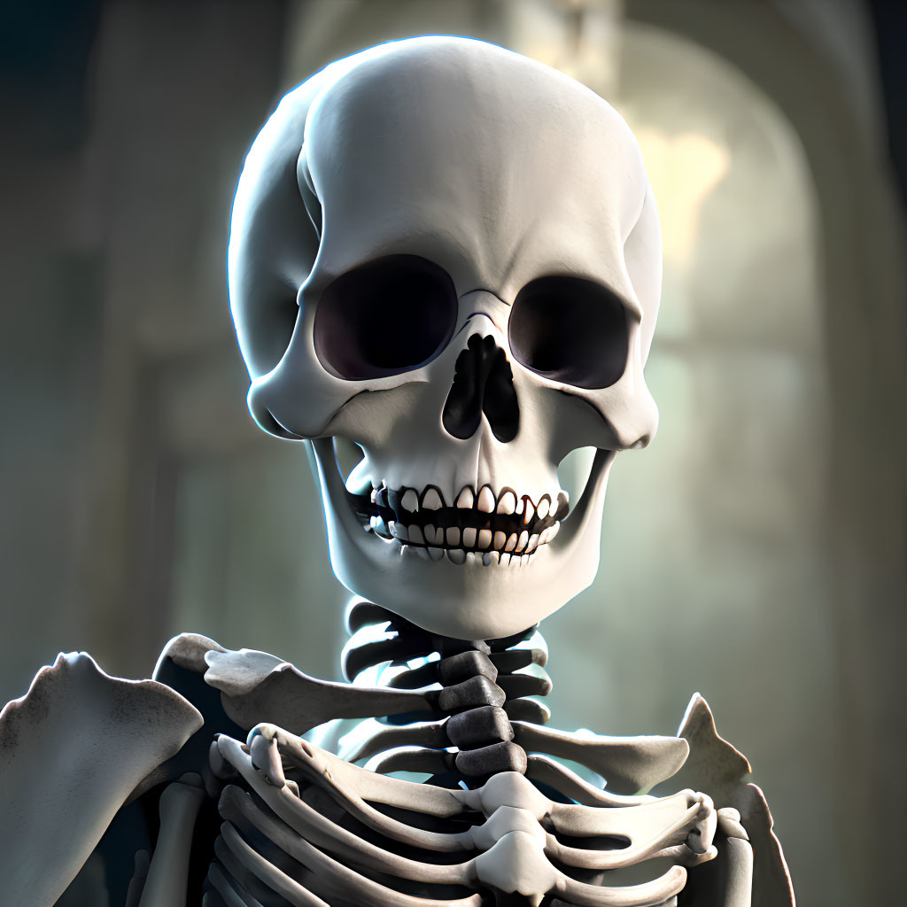 Smiling skeleton in dark room with arched windows