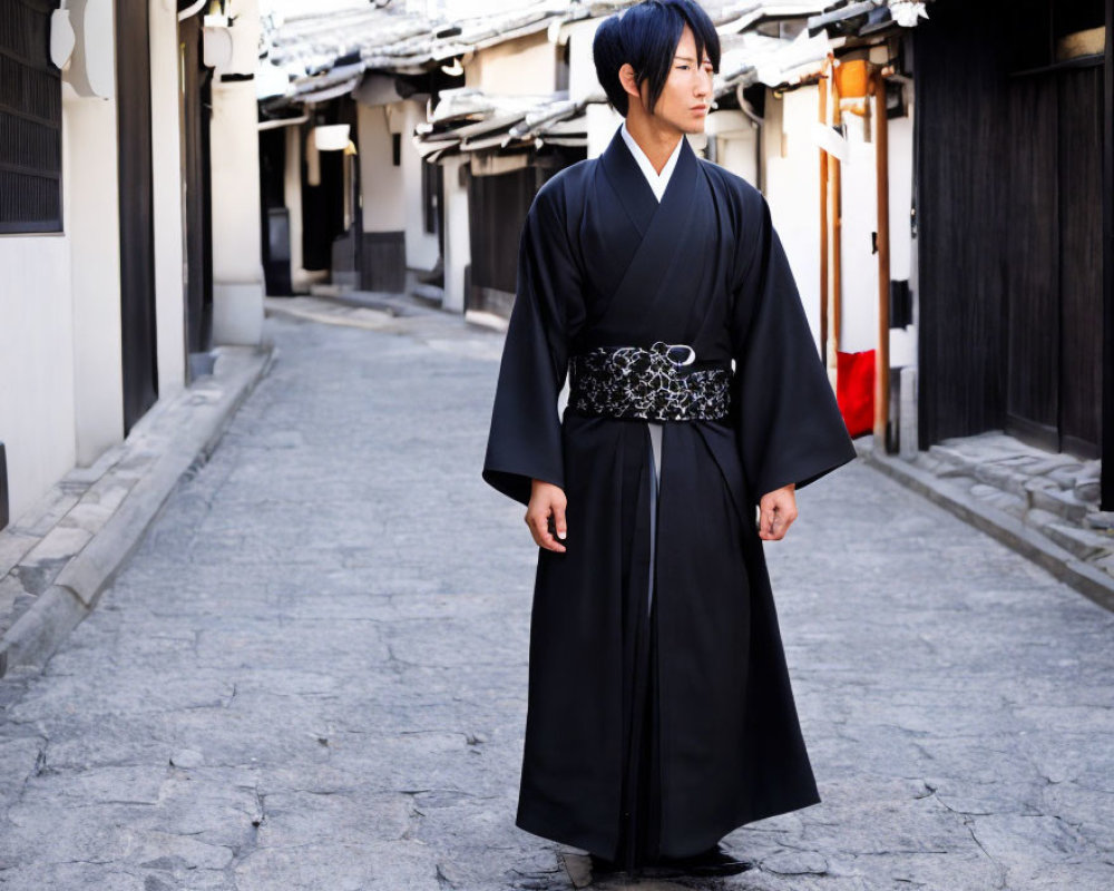 Traditional Japanese clothing on historic street with old wooden buildings