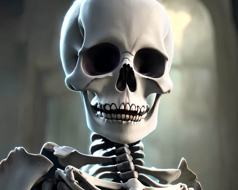 Smiling skeleton in dark room with arched windows