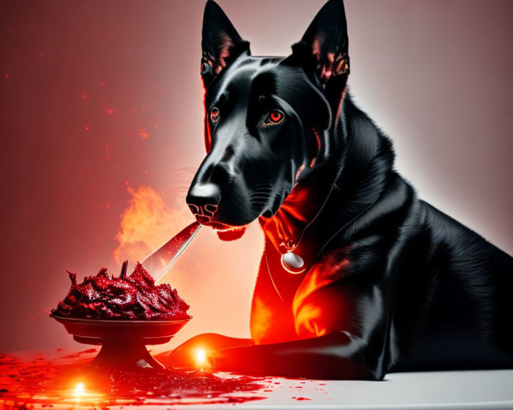 Black Dog with Piercing Eyes Beside Smoking Bowl on Dramatic Red and Black Background