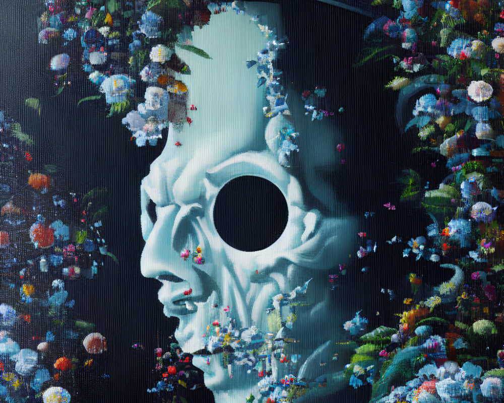 Surreal painting: featureless face, vibrant flowers, cosmic backdrop