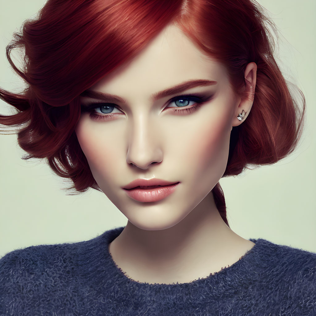 Vibrant red-haired woman with blue eyes in dark top