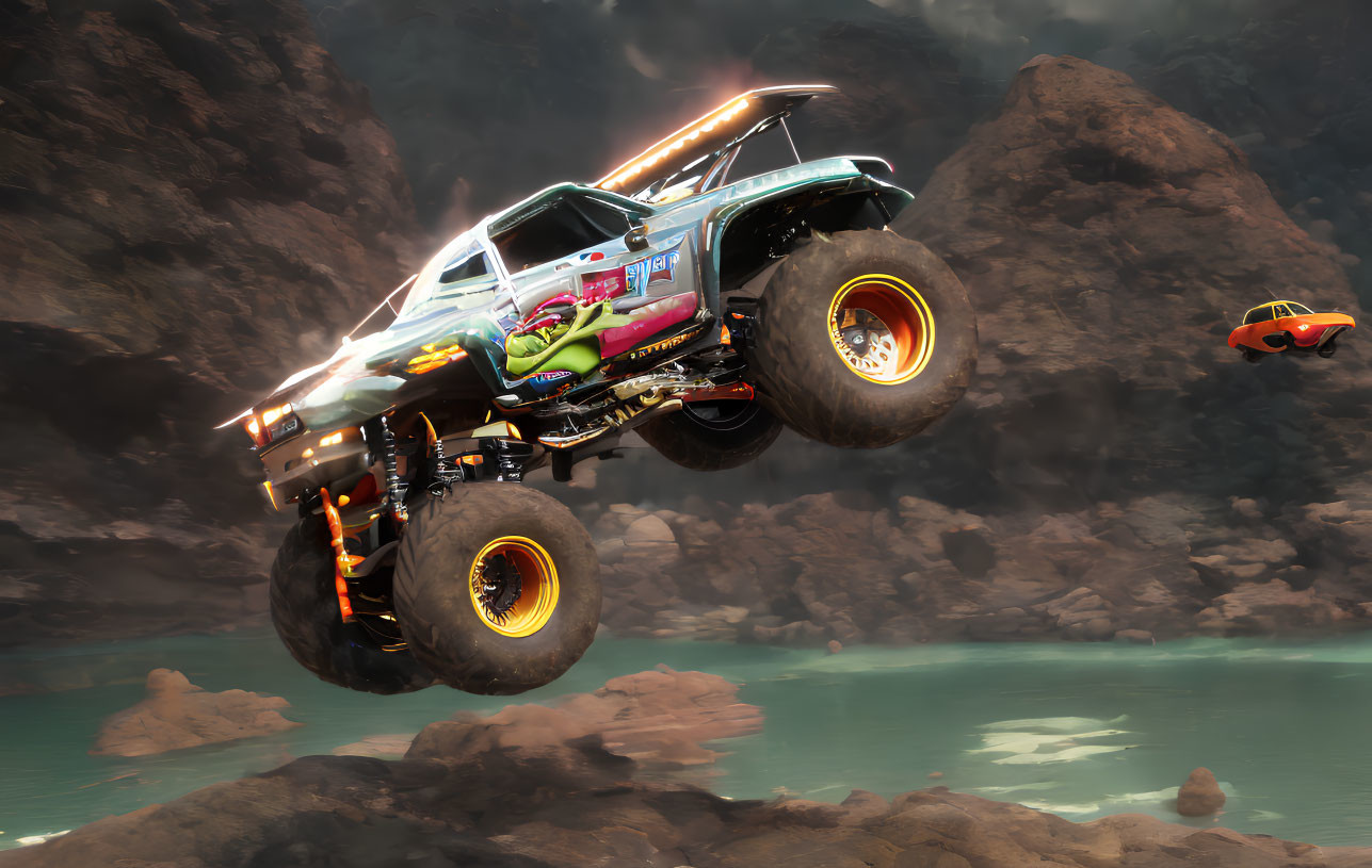 Colorful monster truck jumping over rocky terrain with blue water and airborne car in background