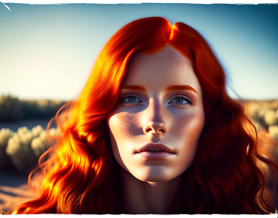 Vibrant Red Hair Woman in Desert Landscape at Golden Hour