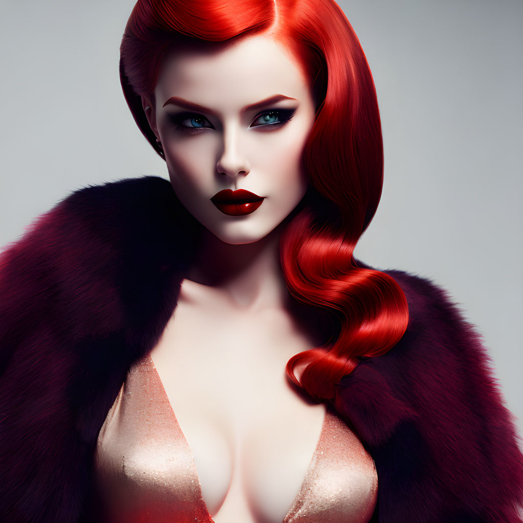 Vibrant red hair and green eyes in stylish portrait with fur garment