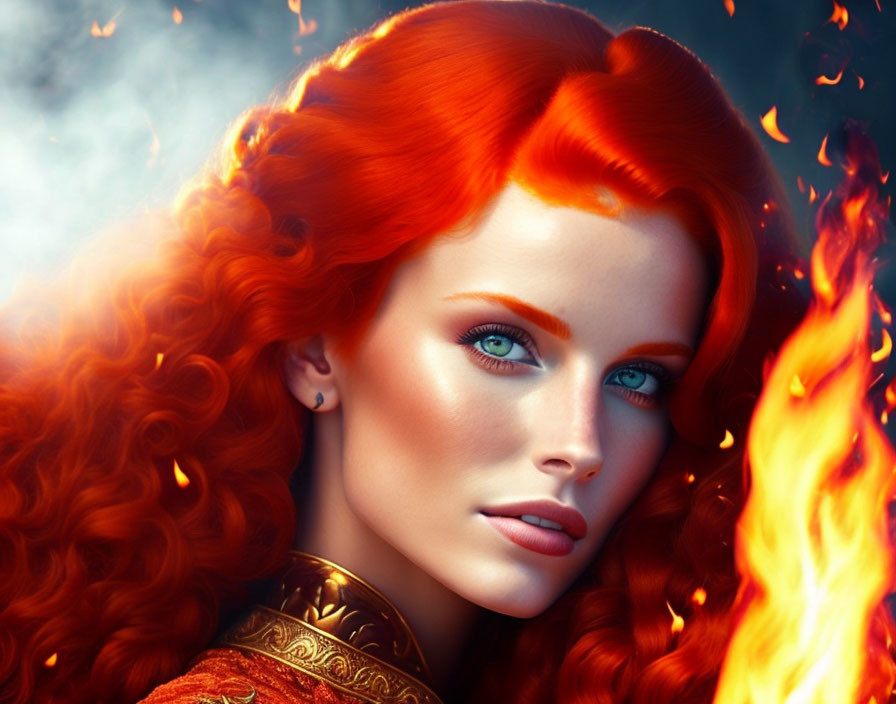 Woman with Red Hair and Blue Eyes Surrounded by Flames