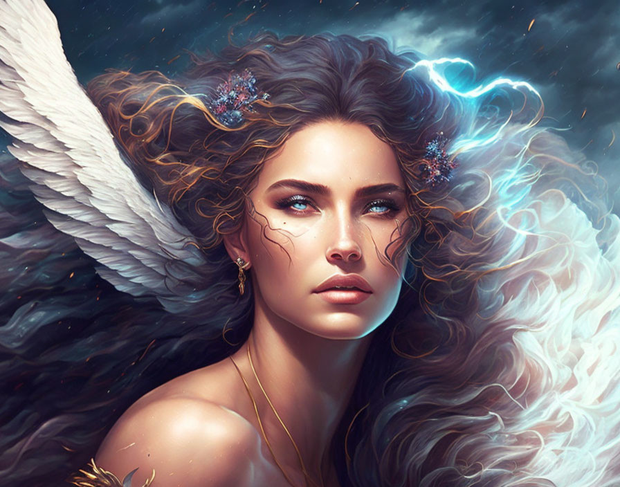 Fantastical woman with angelic wings and cosmic elements in starry backdrop