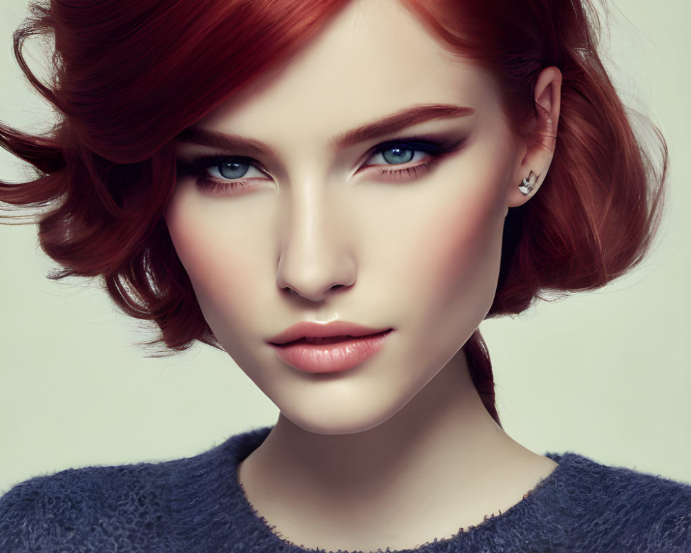 Vibrant red-haired woman with blue eyes in dark top