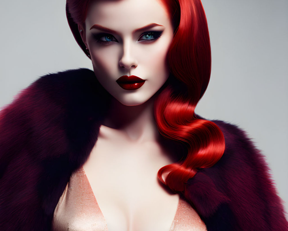 Vibrant red hair and green eyes in stylish portrait with fur garment
