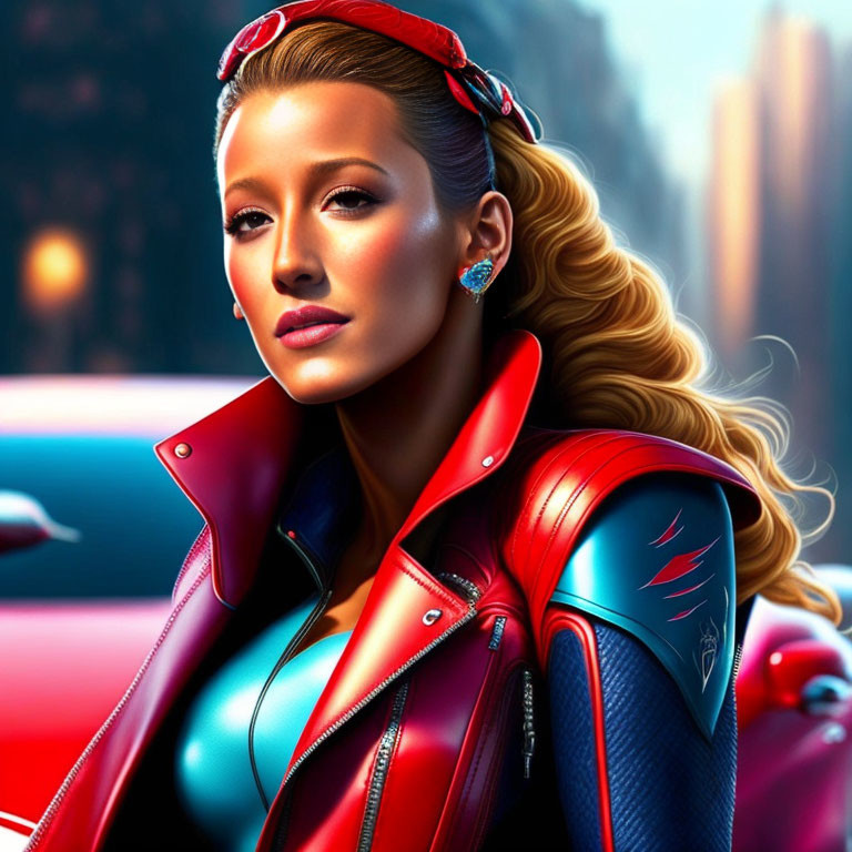 Blonde Woman in Red Leather Jacket with Car Illustrations