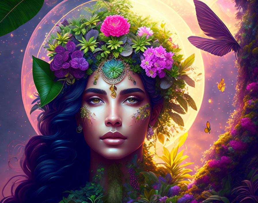 Vibrant digital artwork: woman with floral crown & butterflies