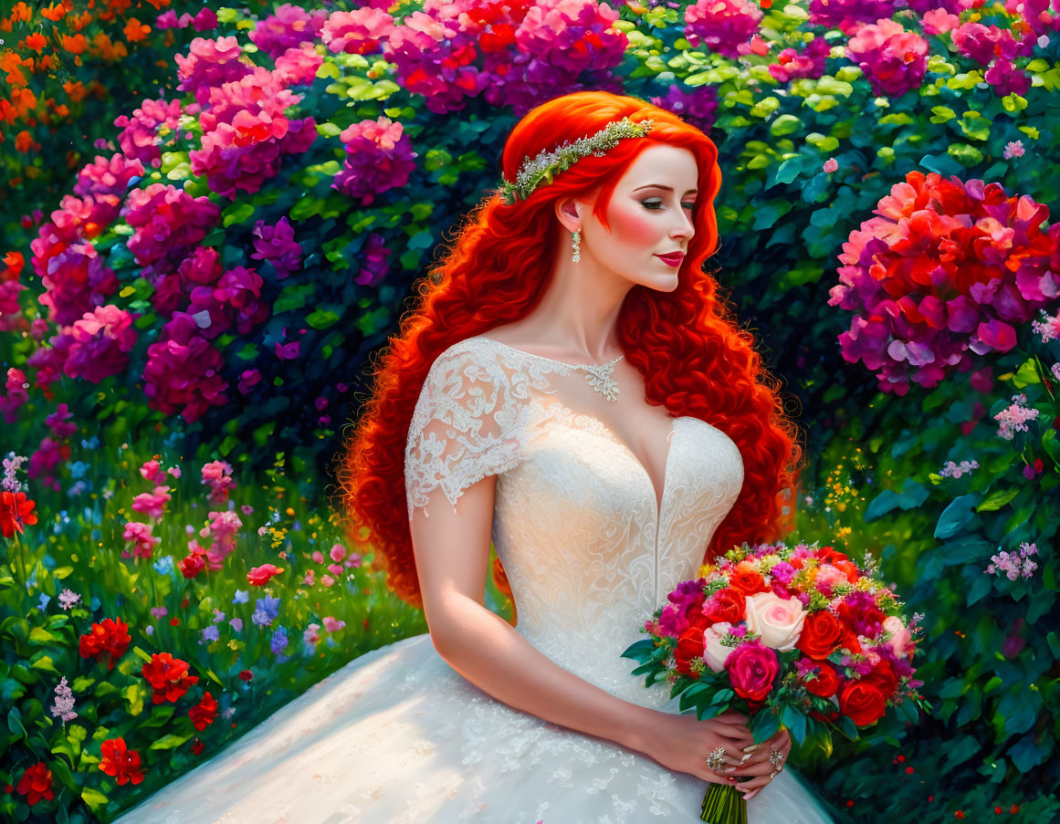 Red-haired woman in bridal gown with bouquet amidst vibrant flowers