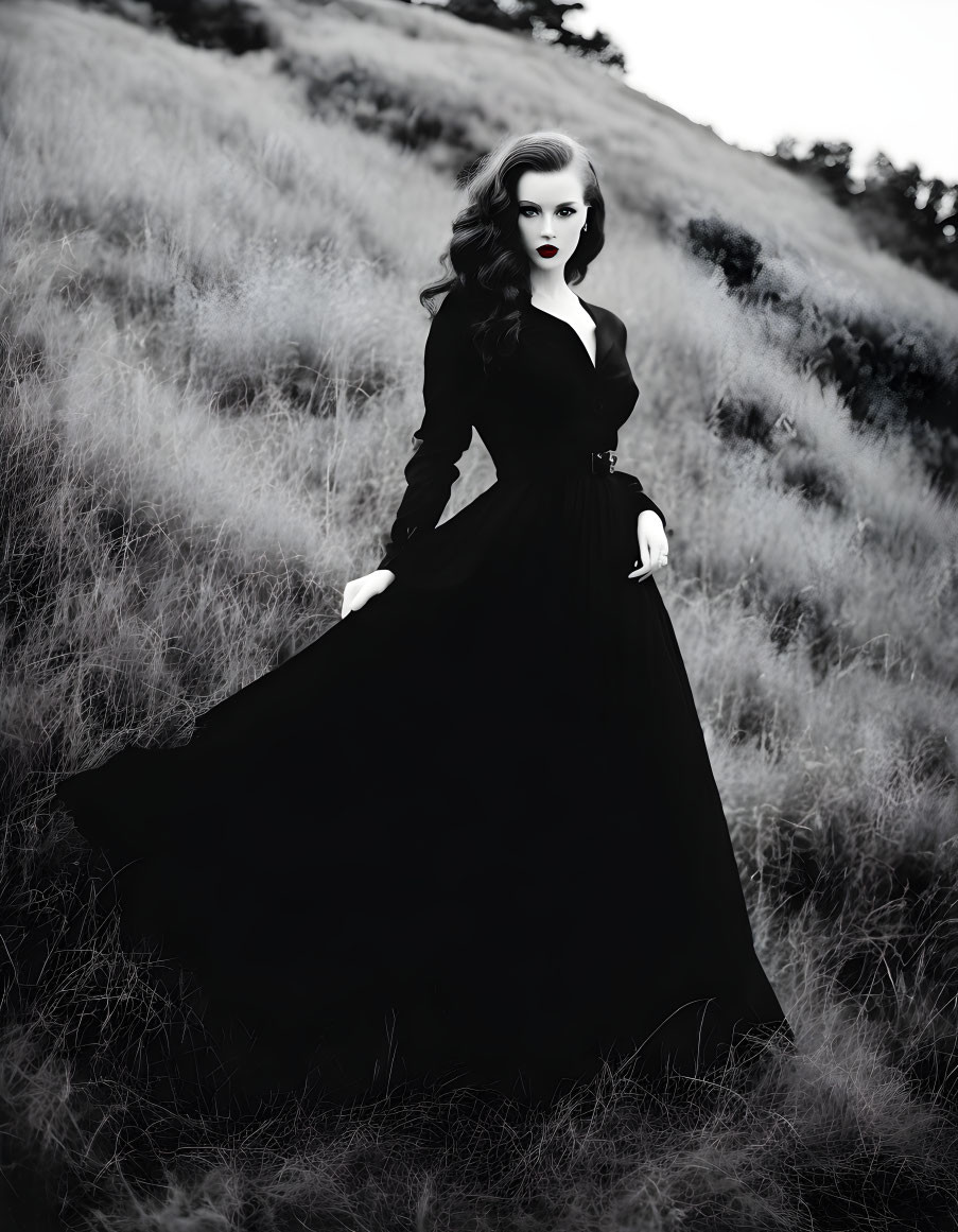 Monochrome image of woman in flowing black dress on grassy hillside