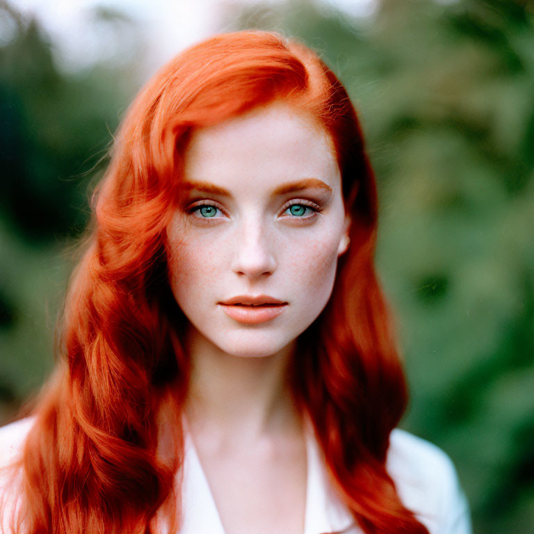 Portrait of Woman with Bright Red Hair and Striking Blue Eyes