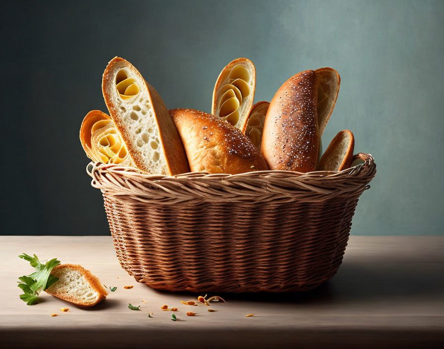 Assortment of Fresh Bread in Wicker Basket on Wooden Table