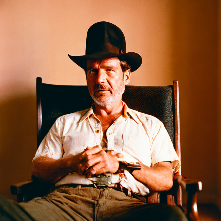 Confident man with mustache in black hat sitting in chair
