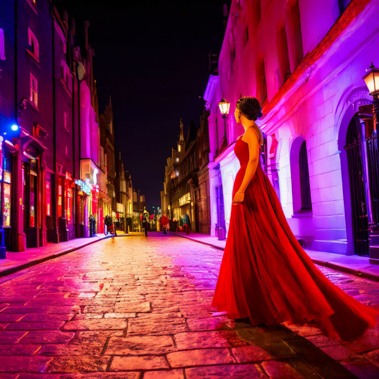 Woman in red gown on vibrant city street at night with purple and blue lights