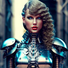 Futuristic woman with metallic armor, wavy hair, and red lipstick