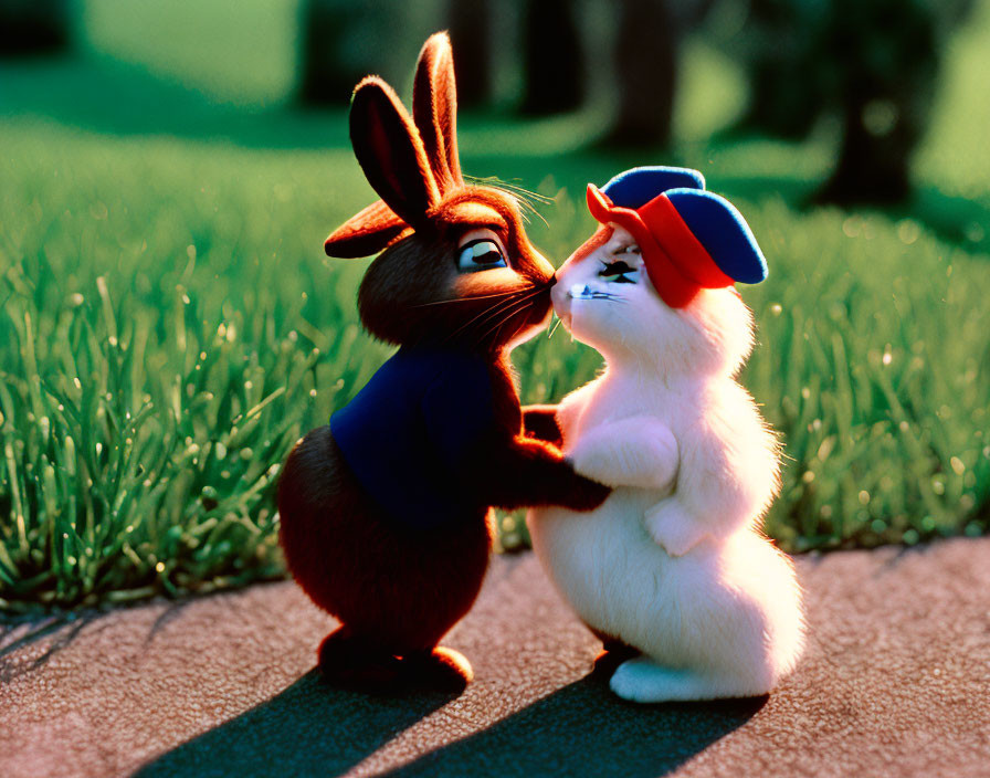 Two Animated Rabbits Affectionately Touching Noses on Grass Path