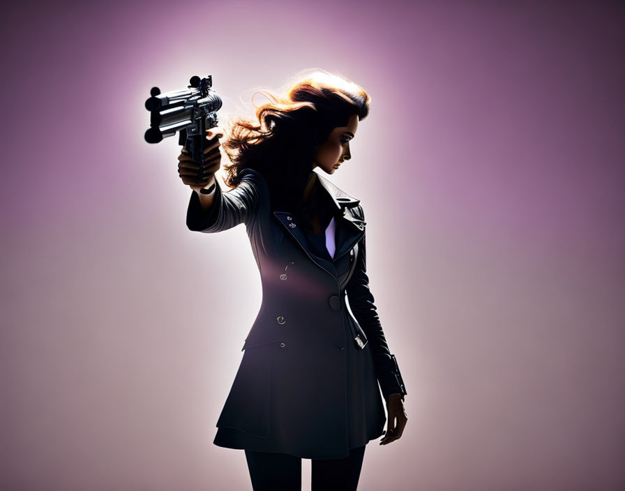 Silhouette of woman with flowing hair holding gun against purple backdrop