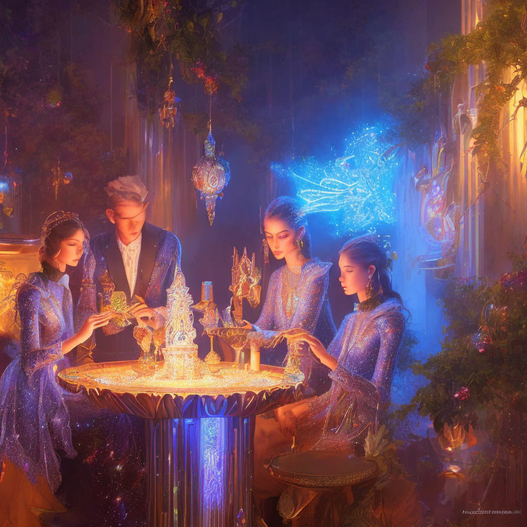 Group of People in Shimmering Outfits Gathered Around Glowing Table with Magical Blue Creature