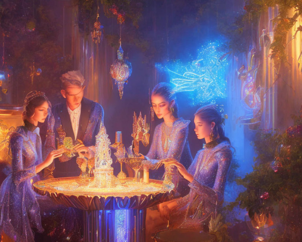 Group of People in Shimmering Outfits Gathered Around Glowing Table with Magical Blue Creature