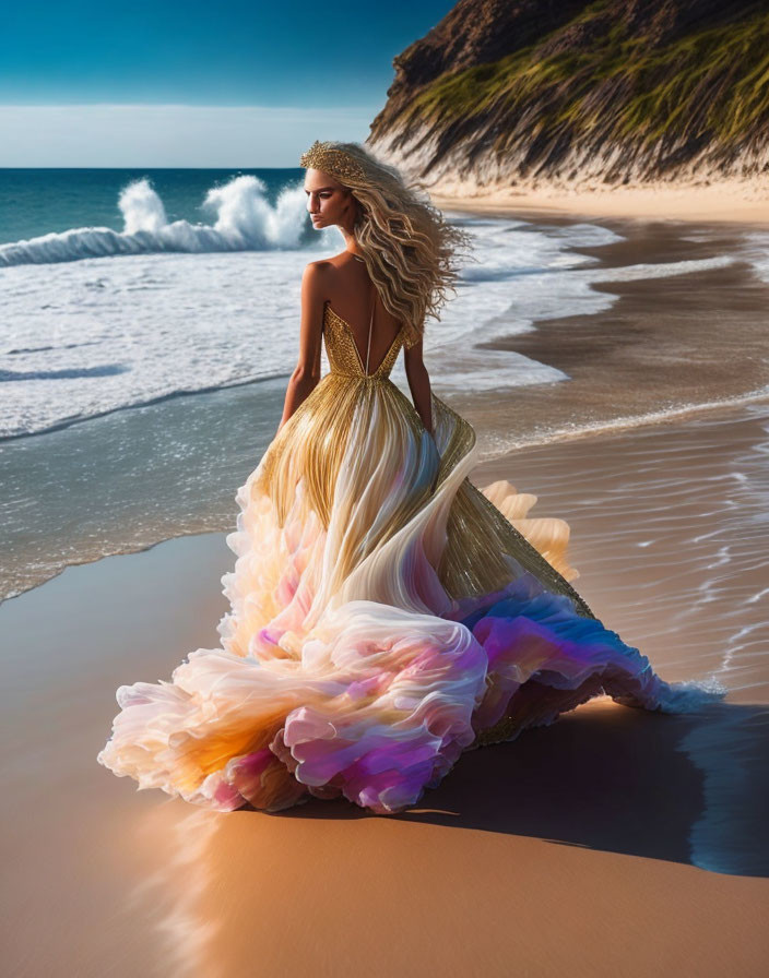 Woman in flowing gown walks on beach with golden and pastel hues, gentle surf and hilly coastline