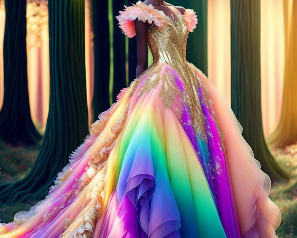 Woman in elegant off-shoulder gown in mystical forest