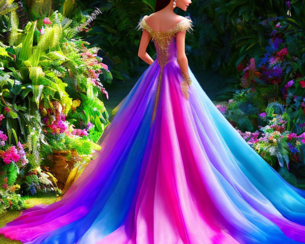 Vibrant off-shoulder gown in purple, blue, and pink, animated character in lush