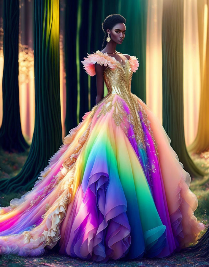 Woman in elegant off-shoulder gown in mystical forest