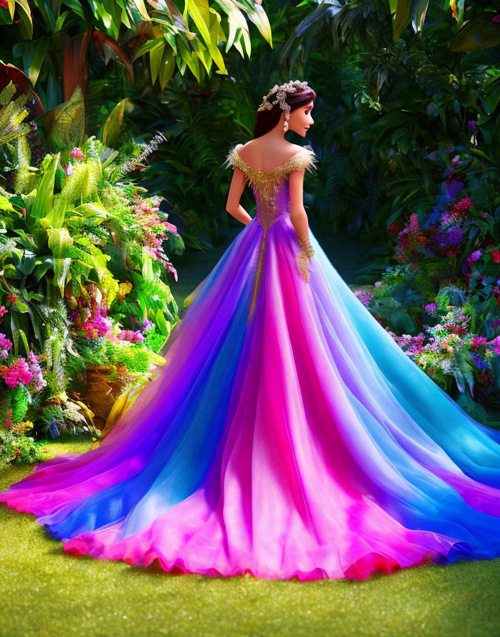 Vibrant off-shoulder gown in purple, blue, and pink, animated character in lush
