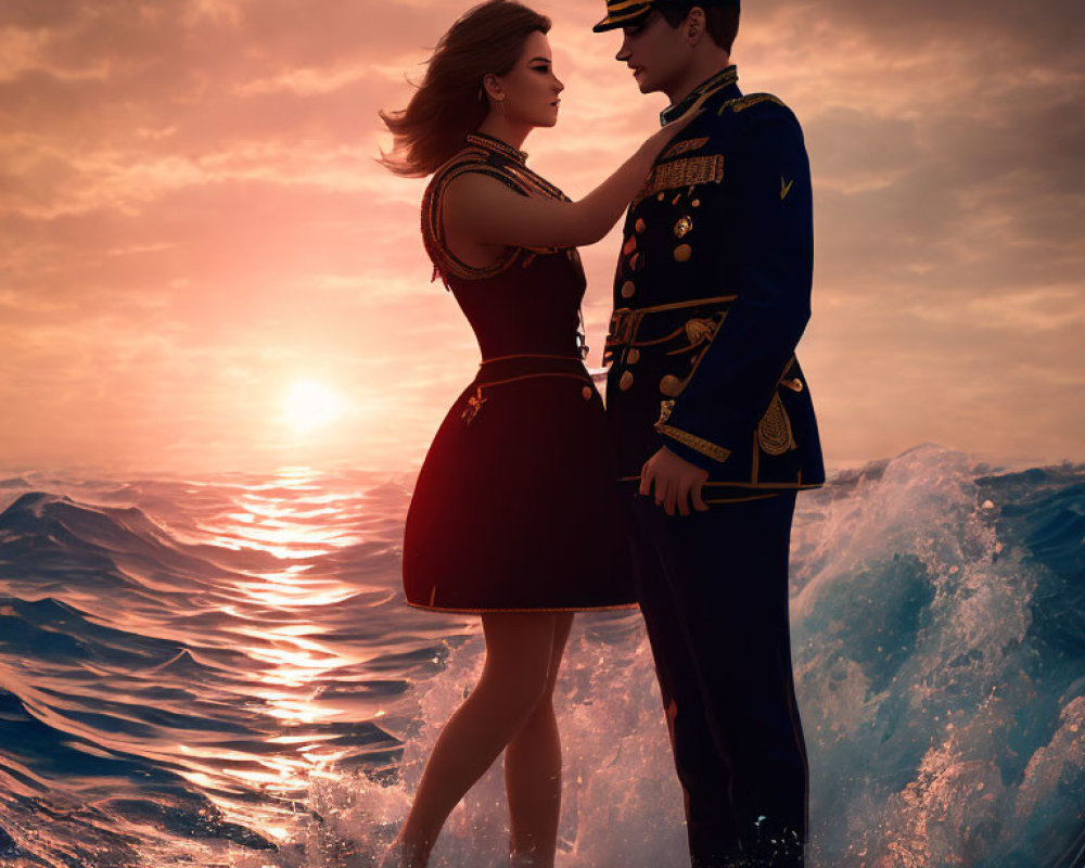 Vintage-style clothing couple standing on water at sunset