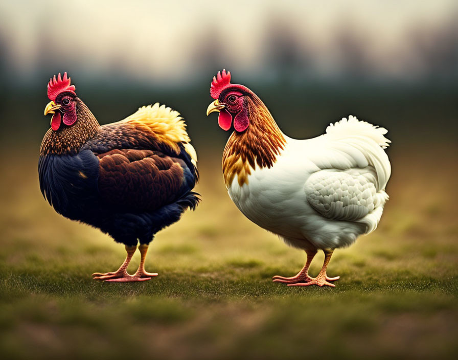 Two Chickens - Rooster and Hen in Field with Blurred Background