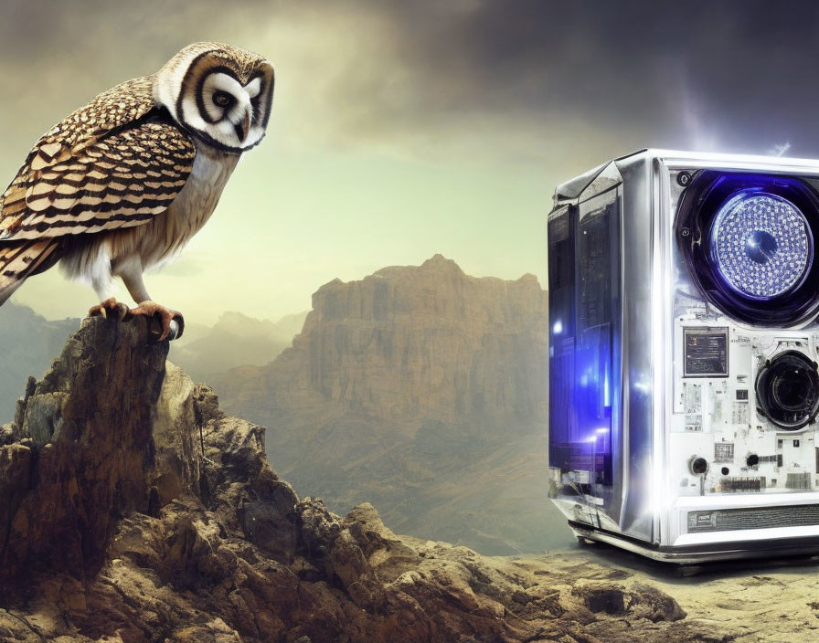 Owl perched on rock with futuristic computer tower in mountainous setting