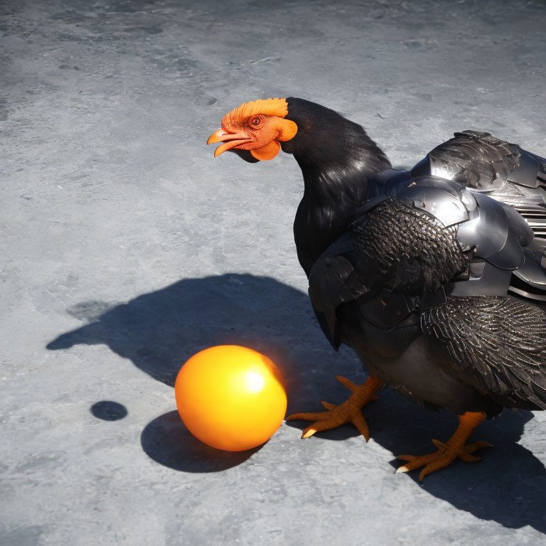 Black bird with orange beak and feet next to orange ball on gray surface