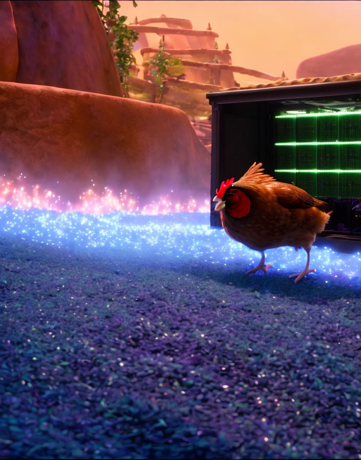 Cartoon Chicken on Purple Ground Near Futuristic Crate in Rocky Landscape