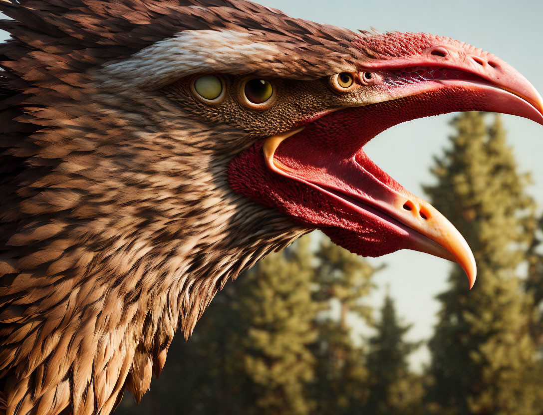 Realistic eagle with intense yellow eyes and open beak in forest setting