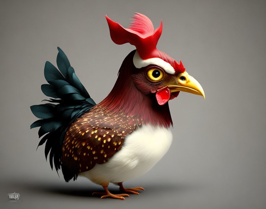 Anthropomorphic chicken with red comb and human-like eyes