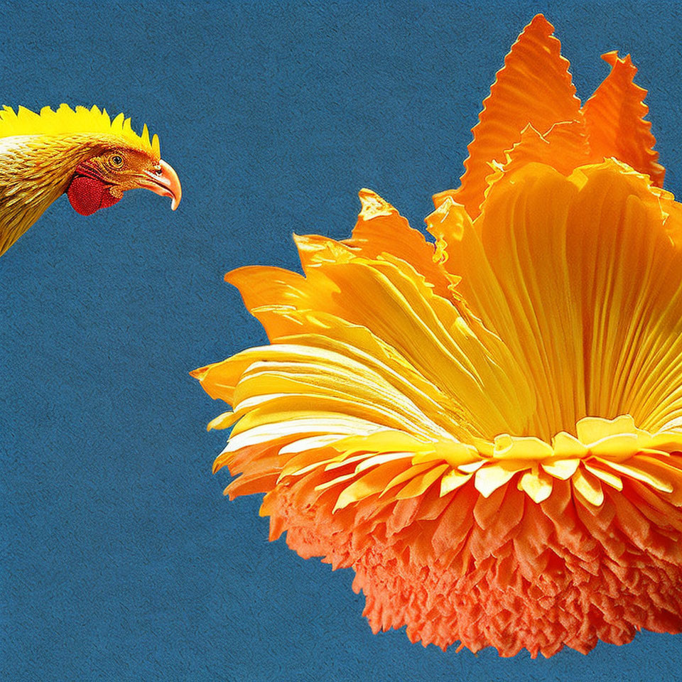 Chicken with exposed head and neck beside orange flower on blue background.