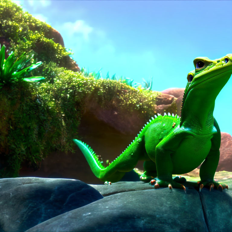 Vibrant green animated lizard on rock with lush greenery